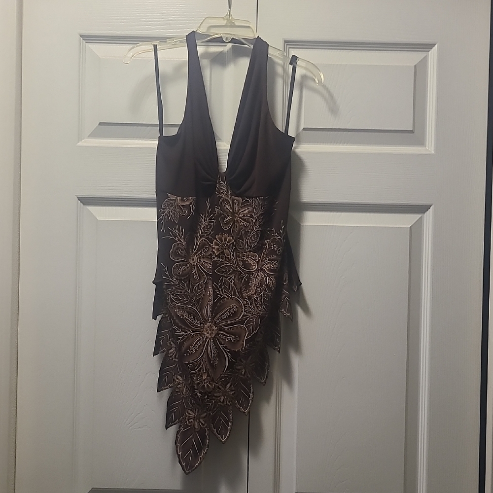 Brown Floral Dress with Leaf Hem